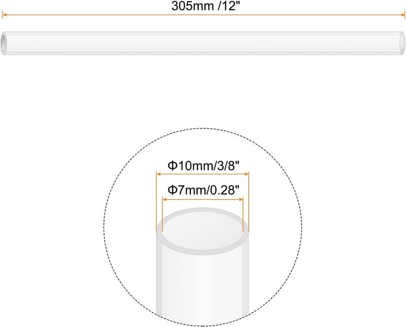 Rebower 12" Clear Plastic Rigid Pipe 7mm ID x 10mm OD (0.3" ID x 3/8" OD) Acrylic Round Polycarbonate Tubing, [for Plumbing, Hydraulics, Aquarium] - 2Pcs - Image 2